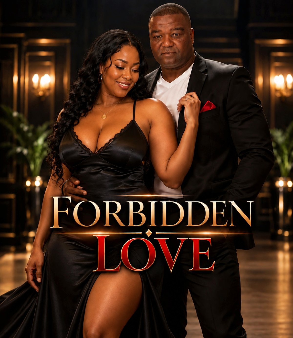 Forbidden Love book cover: a man in a black suit with a red pocket square holds a smiling woman in a black satin gown in a candlelit ballroom.